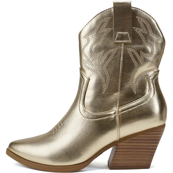 Blazing Ankle Boot Women Gold Pointe Toe Low Heel - Picture 1 of 4